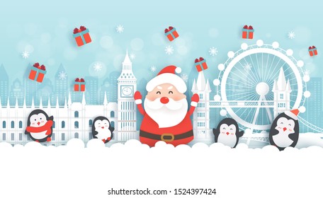  Christmas in London. Christmas celebrations with Santa and  cute penguins in famous landmarks of London.Christmas card, Christmas background  in paper cut and craft style .England in winter season .