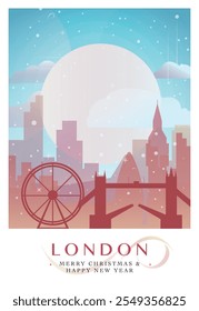 Christmas London retro poster for winter  festives, New Year in UK. Greetings, happy holidays and merry xmas from England, United Kingdom vector postcard layout