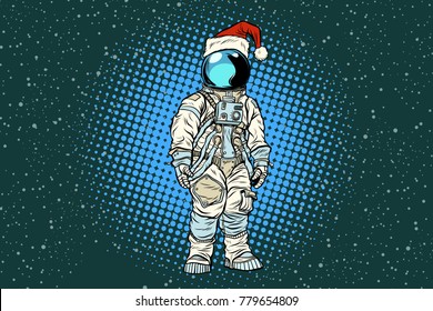 Christmas lone astronaut in the Santa hat. Pop art retro vector illustration.