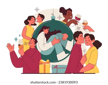 La soledad de Navidad. Joven sentada en una gran bola de vidrio navideño. Aislamiento psicológico. Familiares sociales o amigos que pasan noche festiva juntos. Ilustración vectorial plana