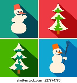 Christmas long shadow icons with snowman and pine