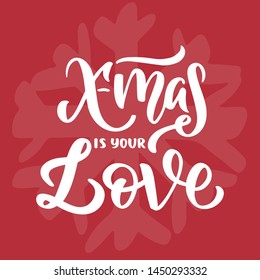 Christmas love hand drawn lettering.  Calligraphy on red background. Composition for banner, postcard, poster design element stories, posts, etc. Vector eps10