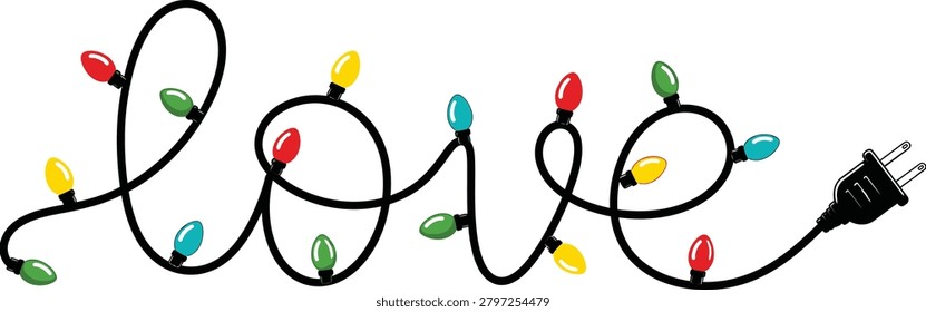 Christmas Love Typography With String Lights And Plug Holiday Lettering Design