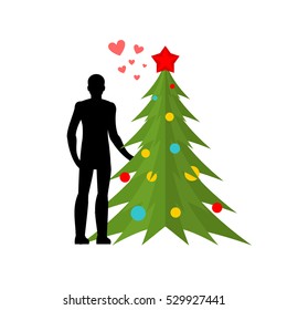 Christmas Lover. Love in New Year. Man and Christmas tree. Lovers holding hands. Romantic illustration. Xmas template
