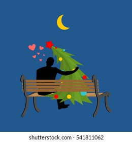 Christmas Lover.  tree and man looking at moon. Date night. Man and spruce sit on bench. Month in night dark sky. Romantic New Year illustration
