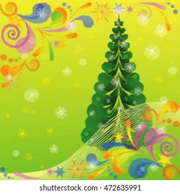 Christmas Low Poly Background for Holiday Design with Fir Tree and Abstract Patterns. Vector