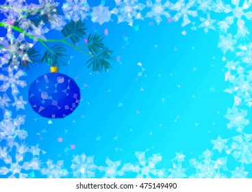 Christmas Low Poly Background for Holiday Design, Snowflakes and Pine Branch with Glass Ball on Blue Sky. Vector
