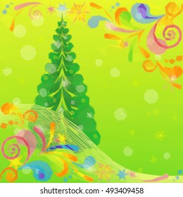 Christmas Low Poly Background for Holiday Design with Fir Tree and Abstract Patterns. Vector