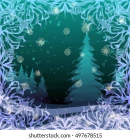 Christmas Low Poly Background for Holiday Design, Winter Snowy Forest with Fir Tree, Abstract Pattern Frame. Vector