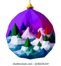 Christmas Low Poly magic ball with 3D mountains and firs, night geometrical landscape in Christmas toy. Isolated clipart New Year object