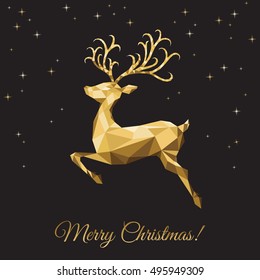 Christmas low poly triangle reindeer. Xmas greeting card with gold  deer  on black background. Vector illustration in origami style.