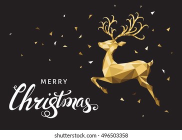 Christmas low poly triangle reindeer. Xmas greeting card with gold  deer and lettering  on black background. Vector illustration in origami style.