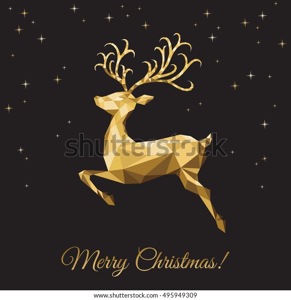 クリスマスの低ポリ三角トナカイ 黒い背景にクリスマスグリーティングカードと金色の鹿 折り紙のベクターイラスト のベクター画像素材 ロイヤリティフリー