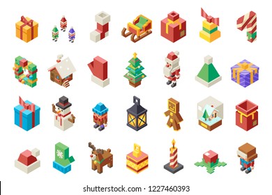 Christmas lowpoly polygonal new year 3d isometric isolated icons set flat cartoon design Vector Illustration