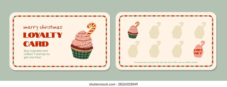 Christmas loyalty card template with festive cupcake illustration and stamp reward program. Holiday customer loyalty card design featuring a bakery dessert theme, candy cane and decorative border for cafes, bakeries, pastry shops, coffee shops, seasonal promotions, customer retention and holiday rewards.