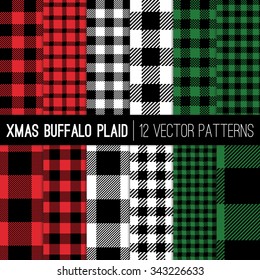 Christmas Lumberjack Buffalo Check Plaid and Pixel Gingham Patterns in Red, Green, White and Black. Trendy Hipster Style Xmas Textures. Vector EPS File Pattern Swatches made with Global Colors.