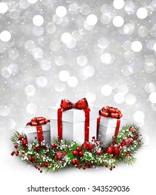 Fondo de Navidad luminoso con regalos. Ilustración de papel vector.