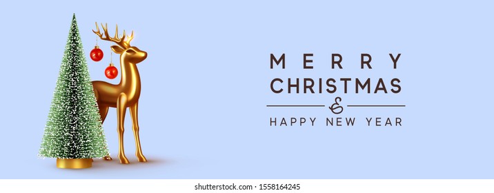 Christmas lush tree with realistic metallic gold-colored deer. Holiday Xmas background. Festive with decorative objects, pine and spruce tree, gold glass reindeer. vector illustration