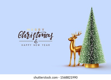 Christmas lush tree with realistic metallic gold-colored deer. Holiday Xmas background. Festive with decorative objects, pine and spruce tree, gold glass reindeer. vector illustration