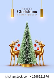 Christmas lush tree with realistic metallic gold-colored deer. Holiday Xmas background. Festive with decorative objects, pine and spruce tree, gold glass reindeer, red balls hang on the horns.