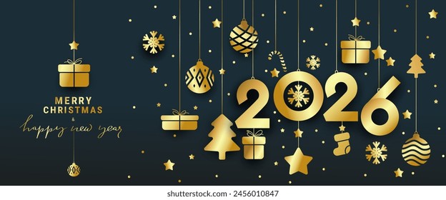 Christmas luxury banner design with hanging golden numbers 2026 balls, star, xmas tree. Luxurious gold vector background for banner, flyers, advertising, web header. 2026 Christmas vector illustration