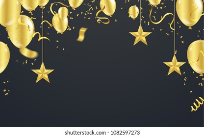 Christmas luxury black background with golden stars, snowflakes balloons, vector illustration