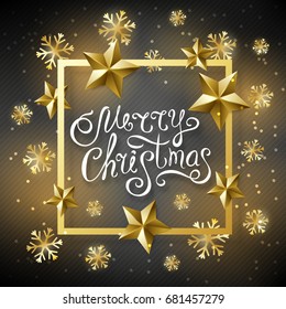 Christmas luxury black background with golden stars, snowflakes and lettering wishes. Holiday greeting card.