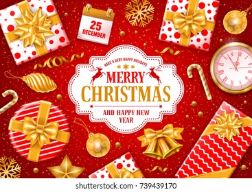 Christmas luxury design with festive objects on red background. Lettering Merry Christmas and Happy New Year. Vector illustration.