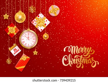 Christmas luxury design with festive objects on red background. Calligraphy inscription Merry Christmas. Vector illustration.