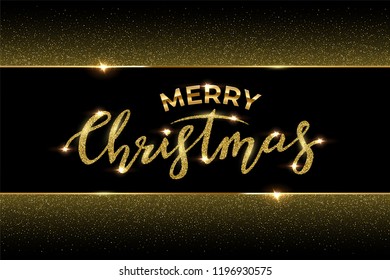 Christmas luxury design template. Vector Merry Christmas text made of golden glitter and golden frame with glitter isolated on black background