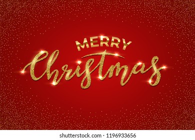 Christmas luxury design template. Vector Merry Christmas text made of golden glitter isolated on red background.