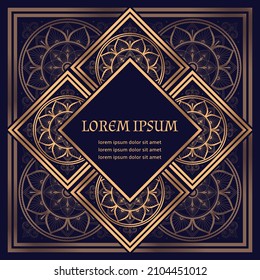 Vector de fondo del marco de lujo navideño. Patrón árabe de arte dorado deco real. Diseño de volante de azulejos marroquí para el año nuevo, spa de belleza, boda india, tarjeta de saludo ramadan, cubierta de menú, aniversario