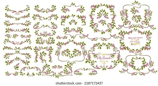 Christmas luxury frames and borders set. Xmas holly branches laurels. Holiday elements