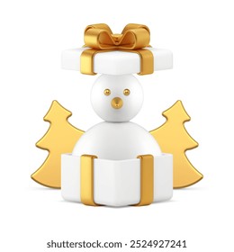 Christmas luxury gift box with snowman bauble golden surprise 3d icon realistic vector illustration. Xmas New Year winter festive holiday premium present in white open heart package for congratulation