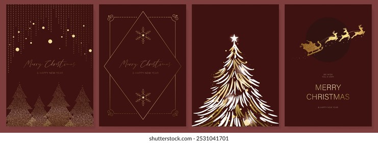 Christmas Luxury gold happy holiday invitation card design vector. Christmas tree, sleigh santa and reindeer with spot texture on red background. Design illustration for cover, print, poster, ads.