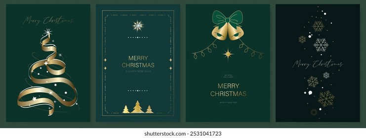 Christmas Luxury gold happy holiday invitation card design vector. Christmas tree, bell, snowflake on navy blue and red background. Design illustration for cover, print, poster, ads.