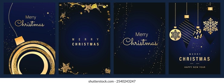 Christmas Luxury gold happy holiday invitation card design vector. Christmas bauble, glitter, star with gold foil texture on navy blue background. Design illustration for cover, print, poster, ads.