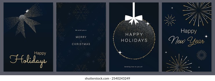 Christmas Luxury gold happy holiday invitation card design vector. Christmas bauble, snowflake, ribbon, firework with spot texture on navy blue background. Design illustration for cover.