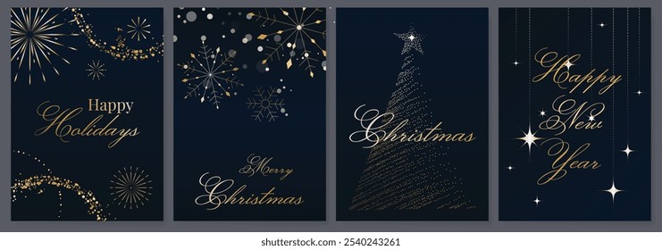 Christmas Luxury gold happy holiday invitation card design vector. Christmas tree, snowflake, firework with spot texture on navy blue background. Design illustration for cover, print, poster, ads.