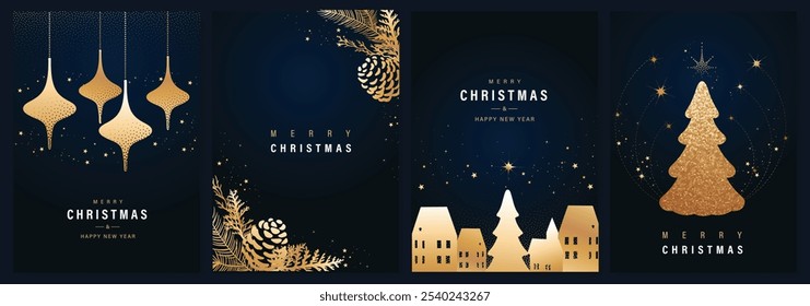 Christmas Luxury gold happy holiday invitation card design vector. Christmas tree, bauble ball, leaves, house with spot texture on navy blue background. Design illustration for cover.