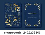 Christmas Luxury gold  invitation card folk design vector. Christmas bauble, holly, leaves, reindeer, snowflake, frame on navy blue background. Design illustration for cover, print, poster, wallpaper.