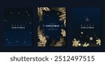 Christmas Luxury gold  invitation card design vector. Christmas pine leaves, snowflake with gold foil and spot texture on navy blue background. Design illustration for cover, print, poster, ads.