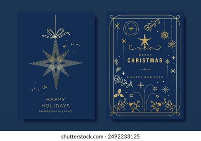 Christmas  Luxury gold  invitation card folk design vector. Christmas bauble, holly, leaves, snowflake, frame on navy blue background. Design illustration for cover, print, poster, wallpaper.
