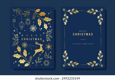 Christmas Luxury gold  invitation card folk design vector. Christmas bauble, holly, leaves, reindeer, snowflake, frame on navy blue background. Design illustration for cover, print, poster, wallpaper.