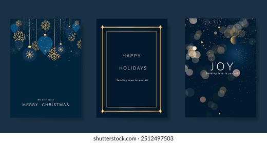 Christmas Luxury gold  invitation card design vector. Christmas bauble, snowflake, glitter, bokeh with gold foil texture on navy blue background. Design illustration for cover, print, poster, ads.