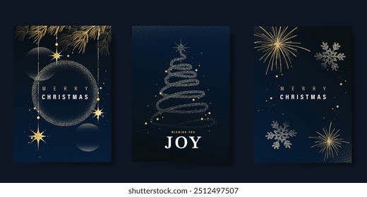 Christmas Luxury gold invitation card design vector. Christmas bauble, tree, snowflake with gold foil and spot texture on navy blue background. Design illustration for cover, print, poster, ads.