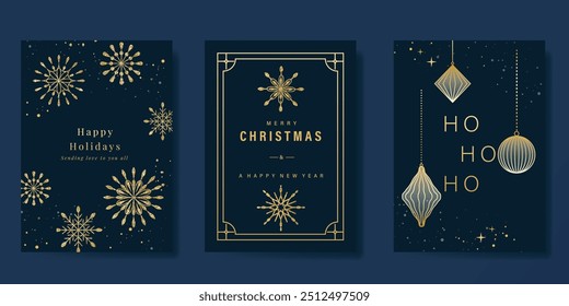 Vetor de design de cartão de convite dourado de luxo. Baile de Natal, floco de neve com textura de folha de ouro no fundo azul-marinho. Ilustração de design para capa, impressão, cartaz, anúncios.