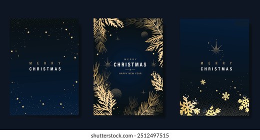 Christmas Luxury gold  invitation card design vector. Christmas pine leaves, snowflake with gold foil and spot texture on navy blue background. Design illustration for cover, print, poster, ads.