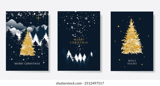 Christmas Luxury gold invitation card design vector. Christmas tree, snow with gold foil texture on navy blue background. Design illustration for cover, print, poster, ads.