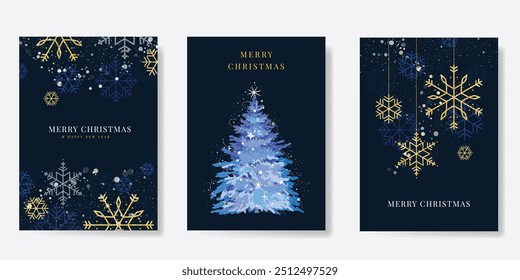 Christmas Luxury gold  invitation card design vector. Christmas tree, snowflake with gold foil texture on navy blue background. Design illustration for cover, print, poster, ads.